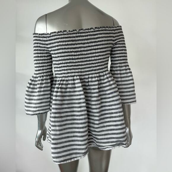C&C California Smocked Bell Sleeve Striped 100% Linen Top Medium - Picture 3 of 8